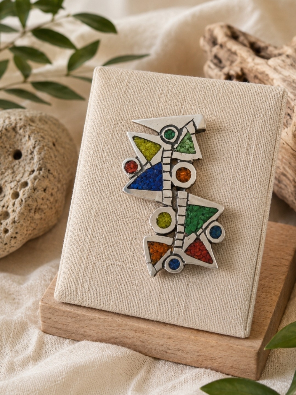 Colorful Geometric Mosaic Sterling Silver Pendant